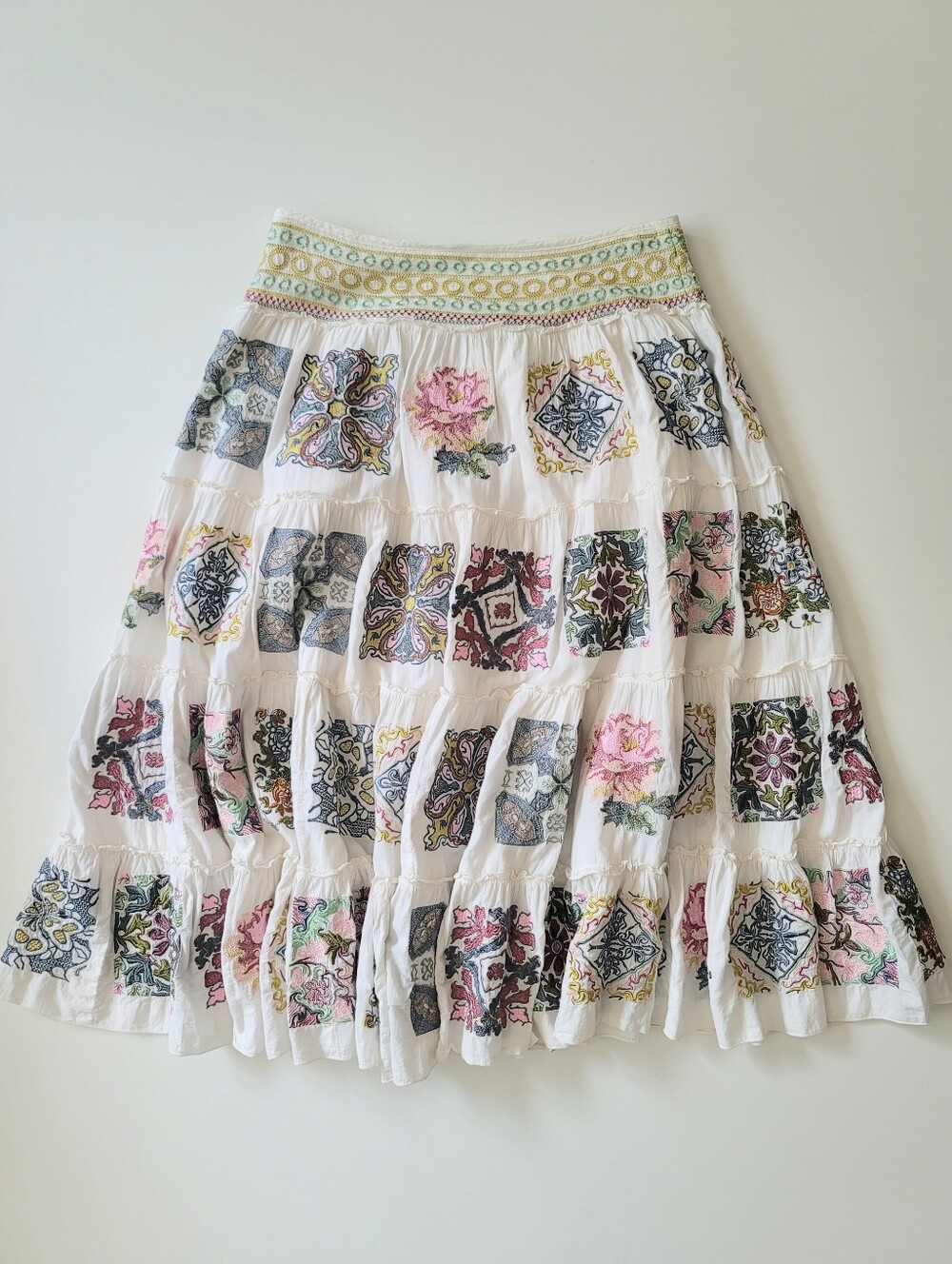 Johnny Was Biya Embroidered Cotton Midi Skirt Size M